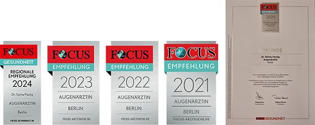 Vier Auszeichnungen und eine Urkunde von FOCUS Gesundheit für eine Augenärztin aus Berlin.
