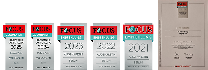 Fünf Auszeichnungen von Focus Gesundheit für eine Augenärztin in Berlin.