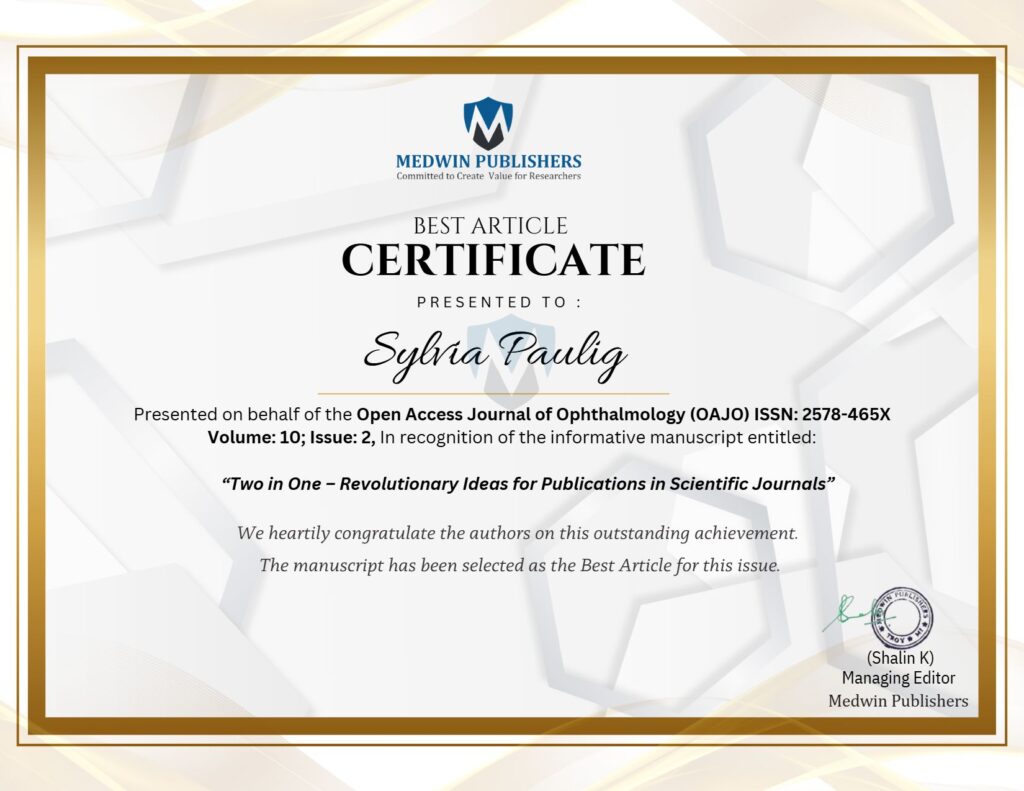 Zertifikat mit goldenen Verzierungen und schwarzem Text, der Sylva Paulig als Autorin ehrt